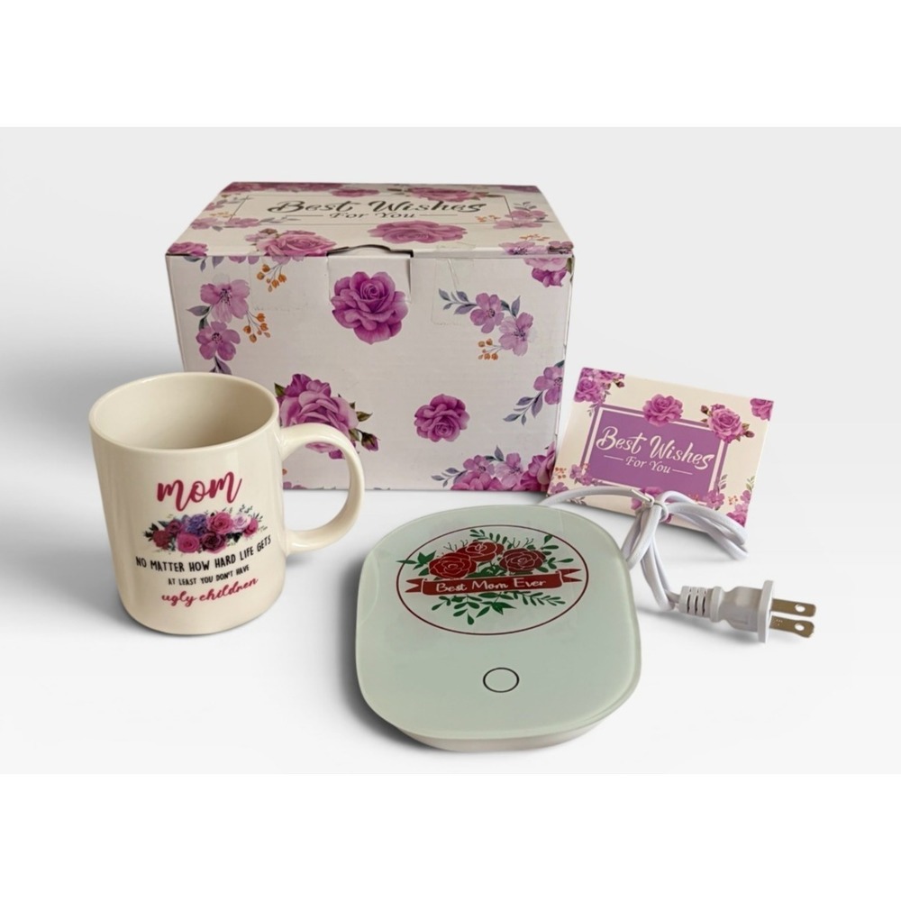Funny Mom Mug Electric Cup Warmer Set Floral Gift Box White Purple Mother Days